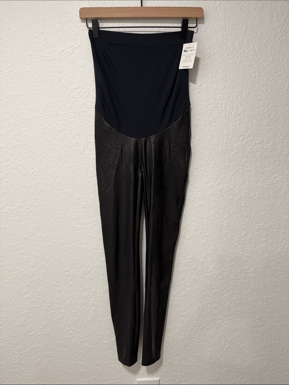 NWT SPANX Black Faux-Leather Maternity Leggings with Stretch Panel